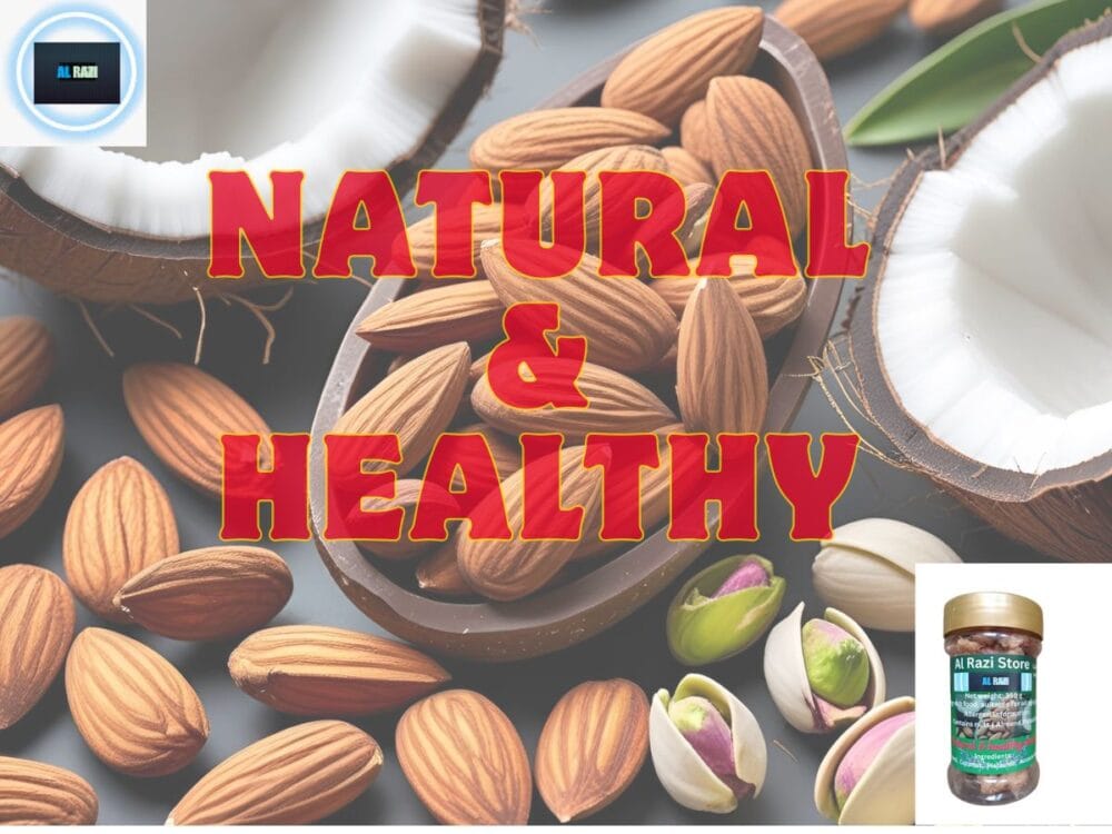 Natural healthy nashta ingredients with almonds, pistachios, and coconut