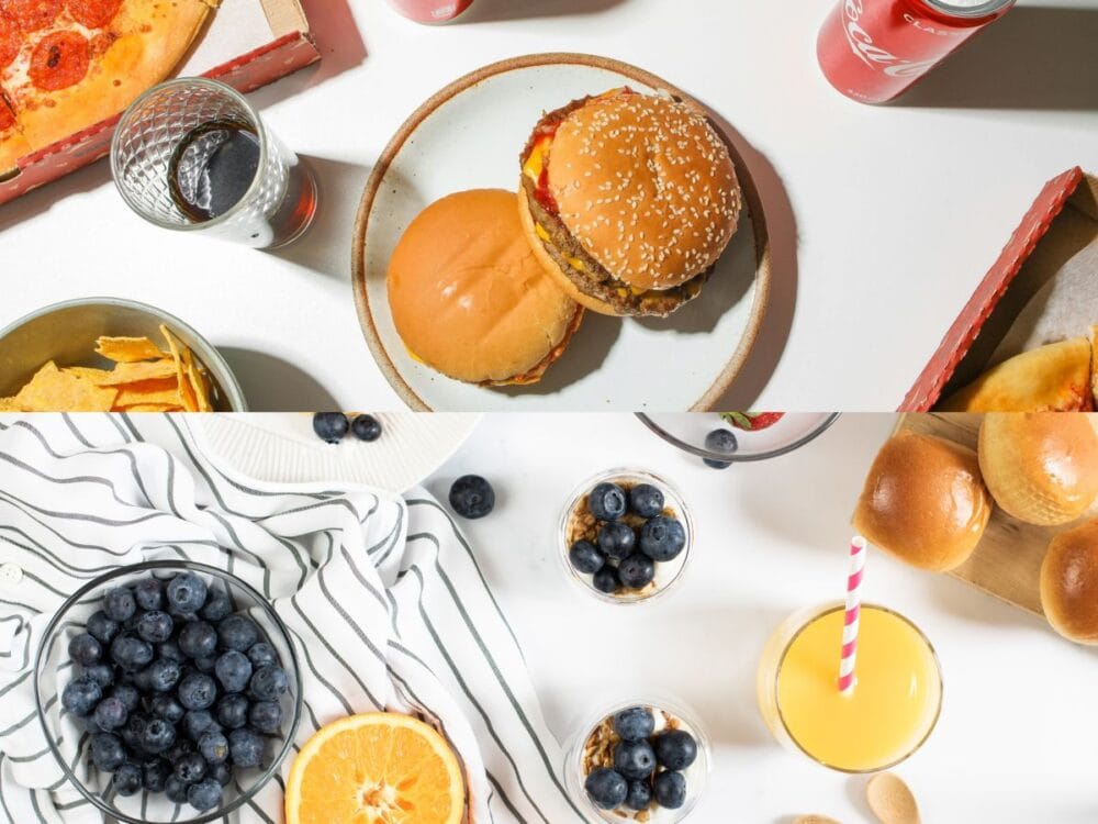 Comparison of junk food vs healthy food in a simple way